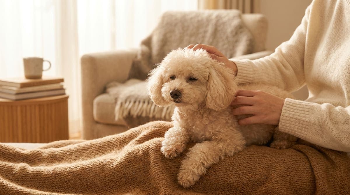 室内でシニアの小型犬をやさしくなでる飼い主の穏やかな時間