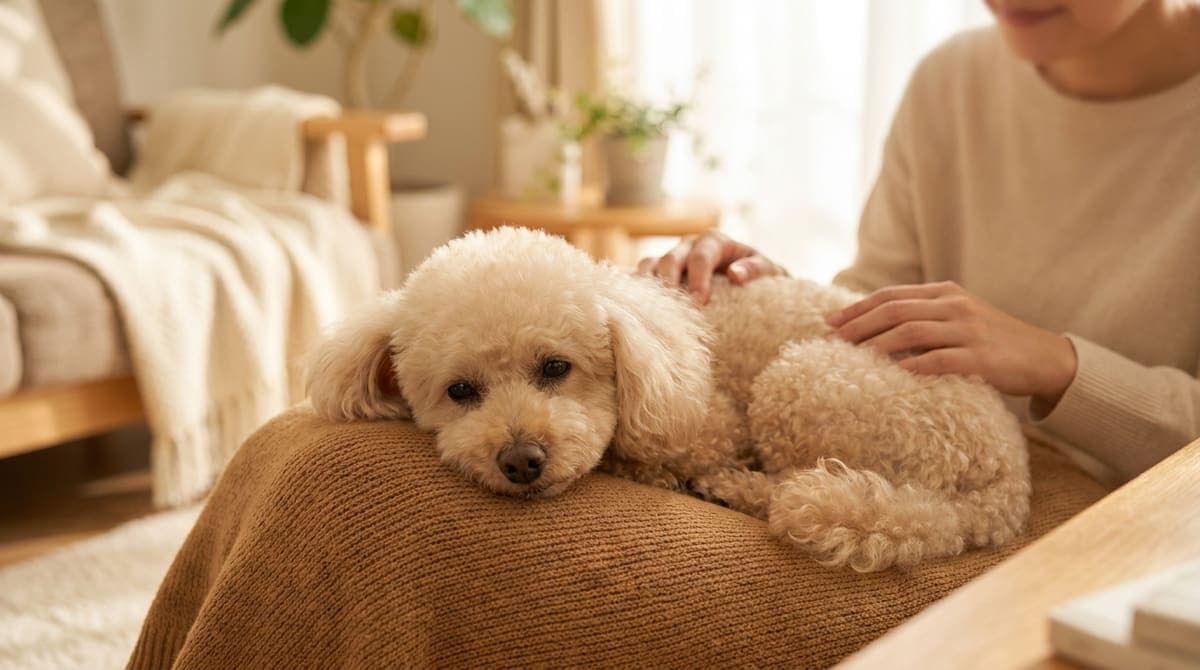 日当たりのよい室内のクッションの上で穏やかにくつろぐシニアの小型犬