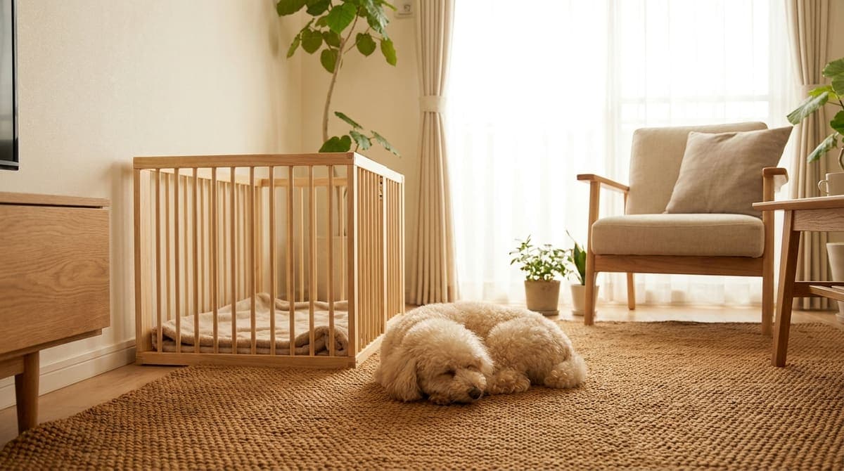 サークルのそばでくつろぐ成犬