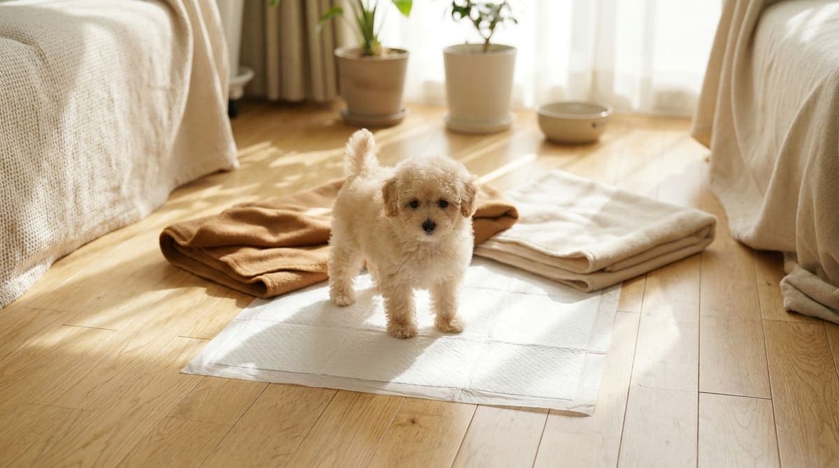 トイレシートの上に立つ子犬