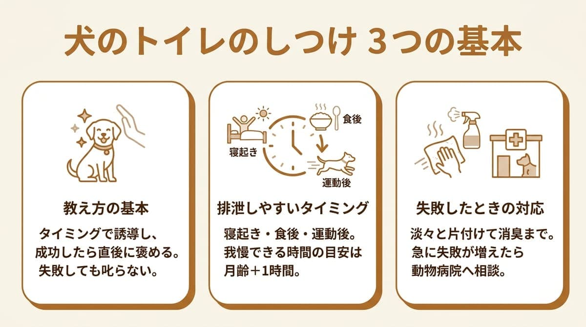 犬のトイレのしつけの要点を「教え方の基本」「排泄しやすいタイミング」「失敗したときの対応」の3つに整理したカード型の図解