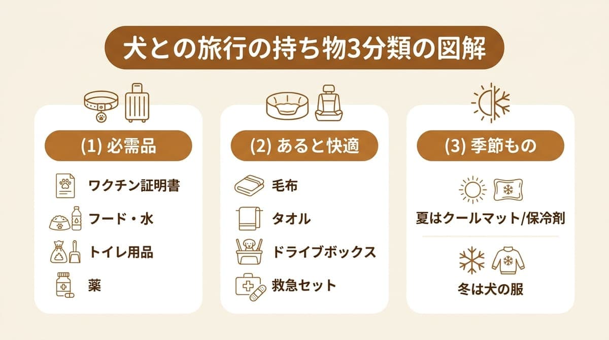 犬との旅行の持ち物を必需品・快適グッズ・季節ものの3分類でまとめた図解