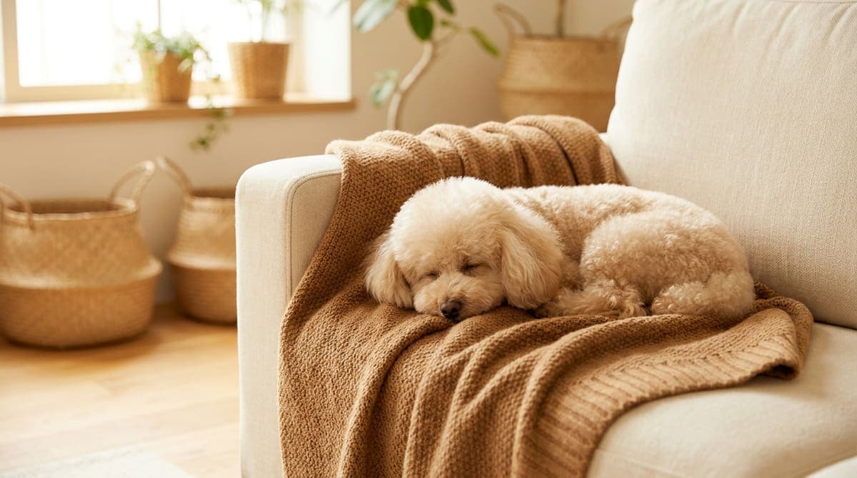 お手入れを終えて清潔な部屋でくつろぐ犬
