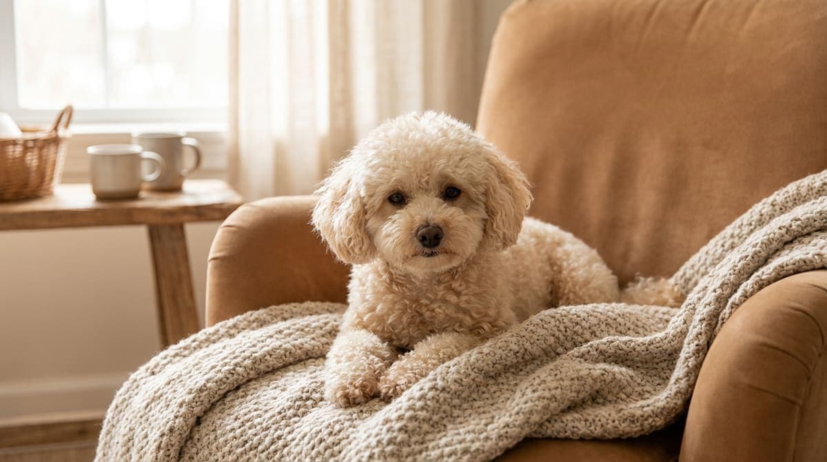 室内で穏やかにくつろぐ小型犬