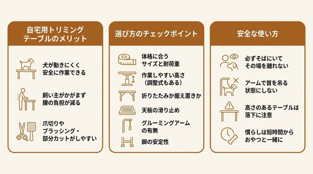 トリミングテーブルの選び方のチェック項目と安全な使い方をまとめた図解