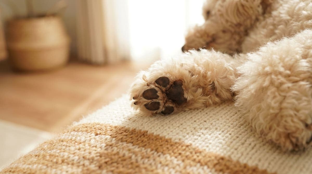 カーペットの上に置かれた犬の前足の足先と肉球のアップ