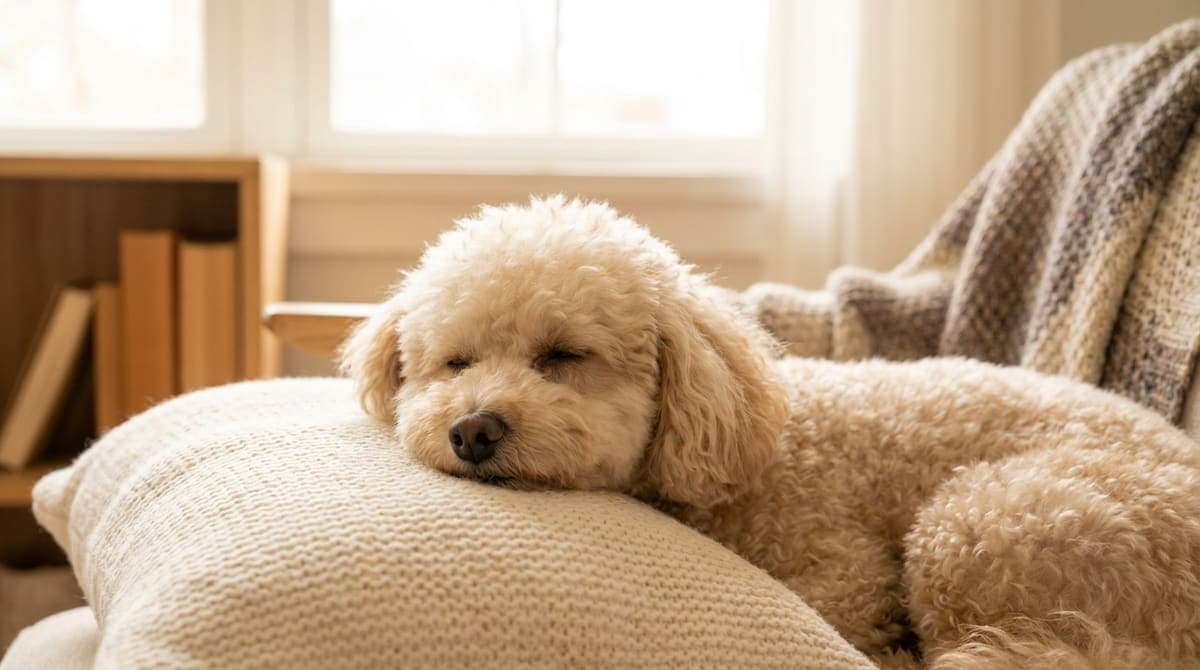 散歩のあとに室内のラグの上でリラックスしてくつろぐ犬