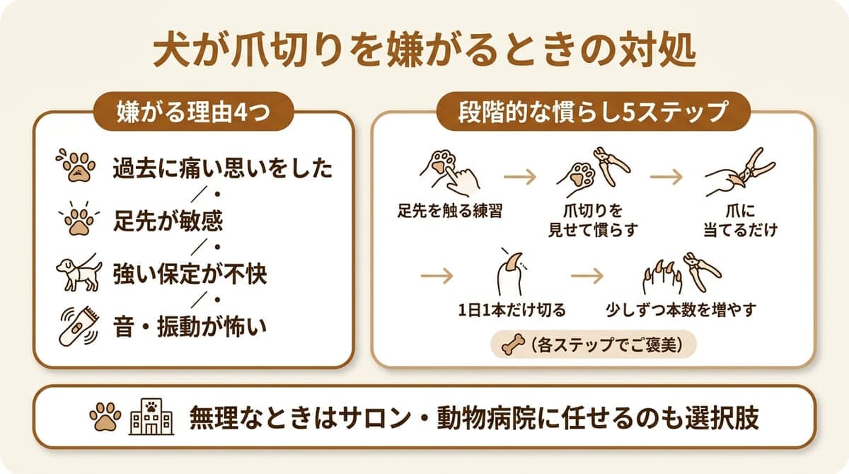 犬が爪切りを嫌がる4つの理由と、足先タッチから始める段階的な慣らし方5ステップをまとめた図解