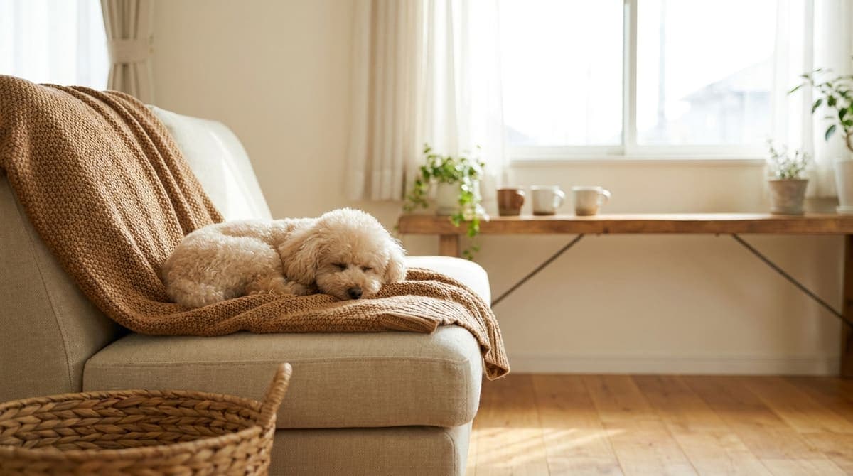 お手入れを終えて床の上でリラックスしている犬