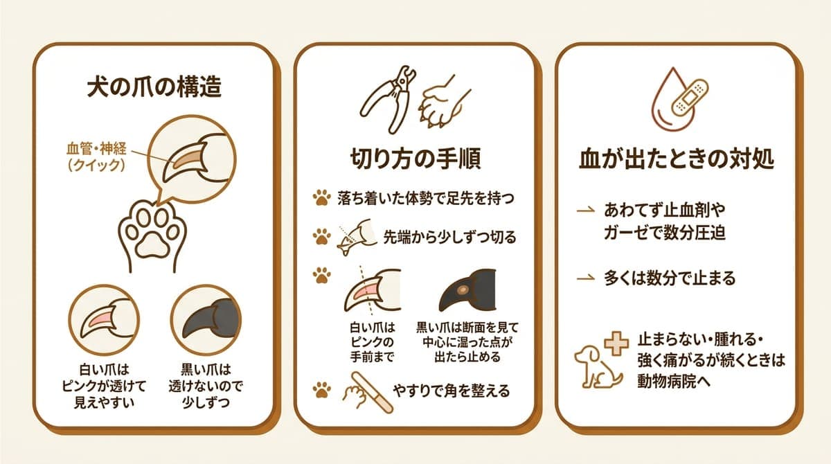 犬の爪の構造とクイックの位置、切り方の手順、血が出たときの対処をまとめた図解