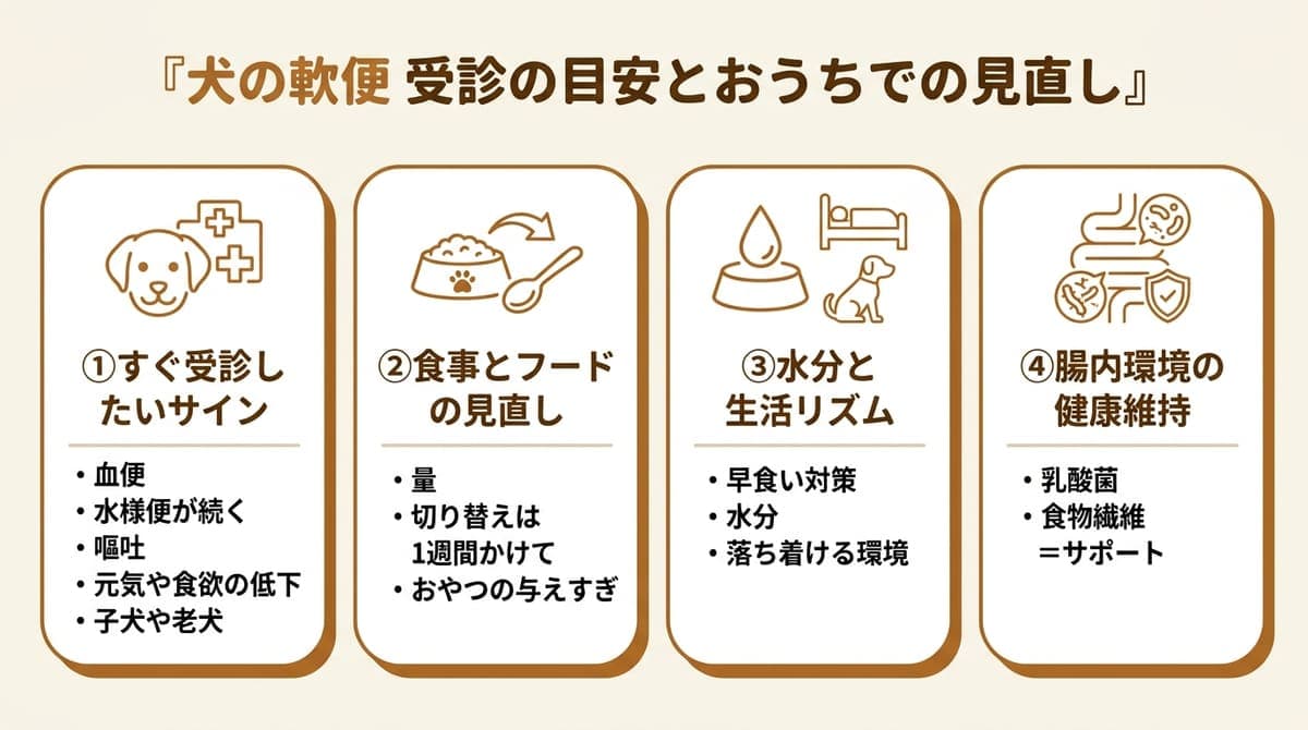犬の軟便で確認したい4つの観点(受診すべきサイン・食事とフードの見直し・水分と生活リズム・腸内環境の健康維持)をまとめたカード型の図解