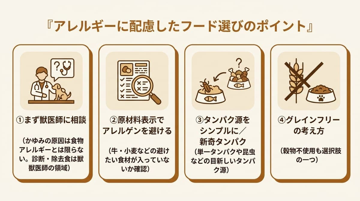 アレルギーに配慮したドッグフード選びの4つのポイント(まず獣医師に相談・原材料表示でアレルゲンを避ける・タンパク源をシンプルにする、新奇タンパク・グレインフリーの考え方)をまとめたカード型の図解