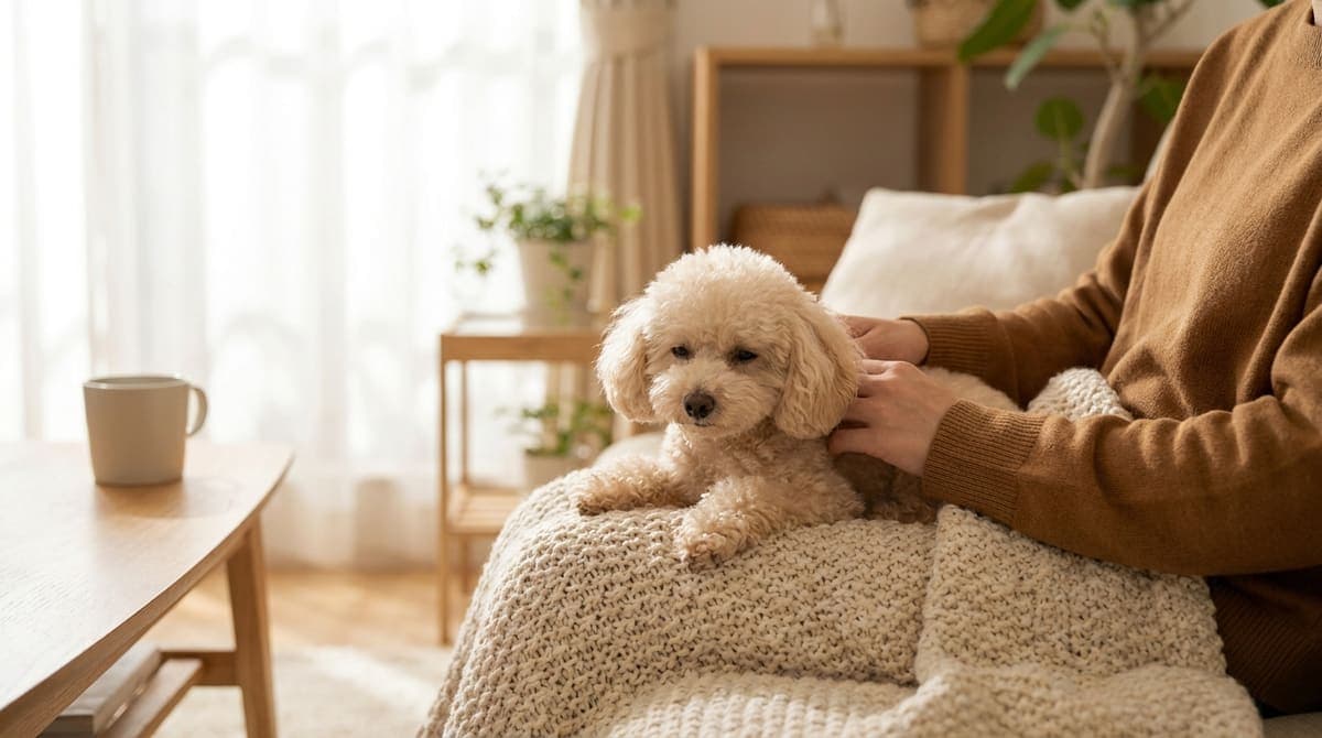 リビングで飼い主のそばに寄り添って穏やかに過ごすトイプードル