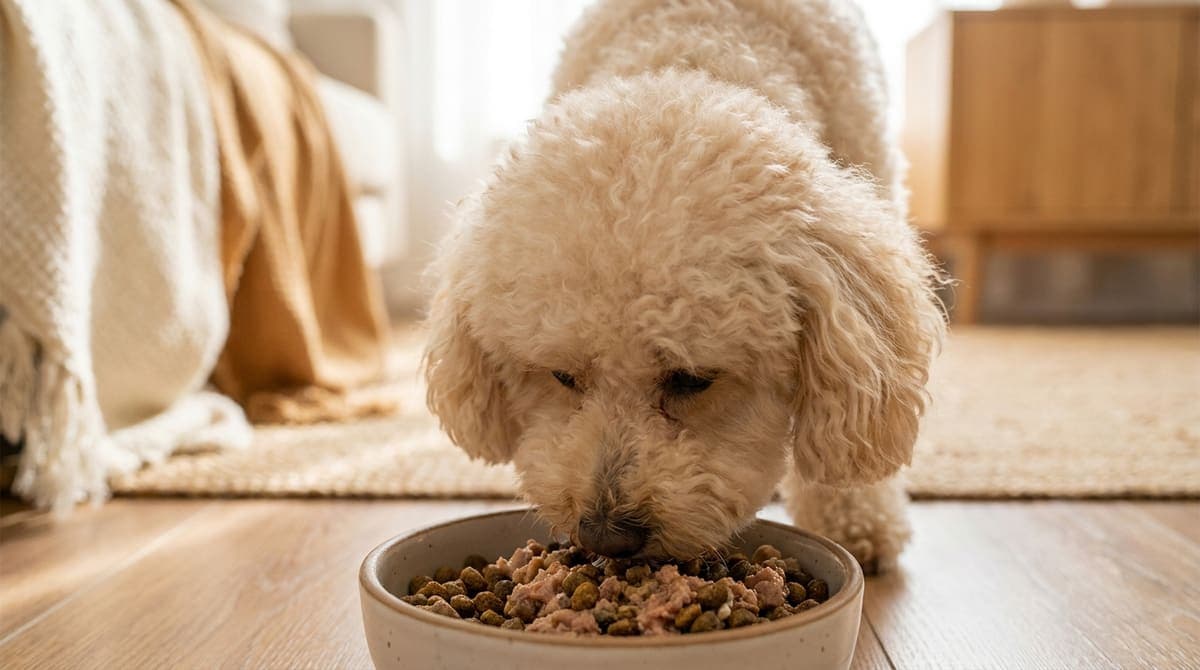ドライとウェットを混ぜたごはんを食べる小型犬