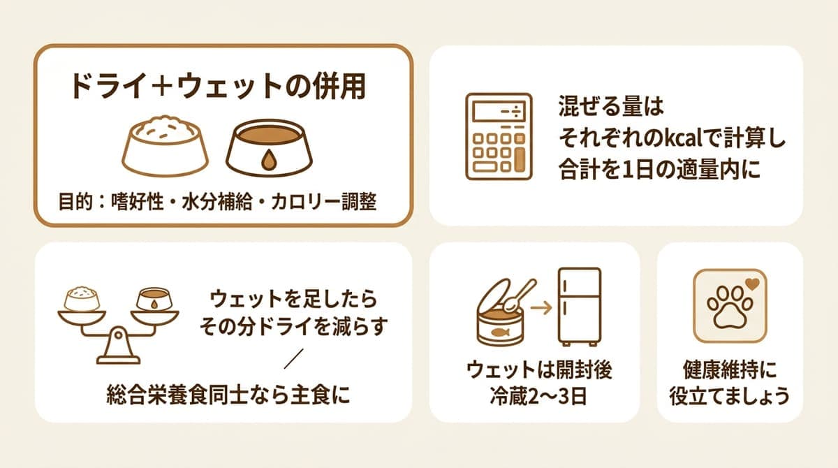 1日の適量からウェットのカロリーを引き残りをドライで用意するカロリー配分の考え方の図解