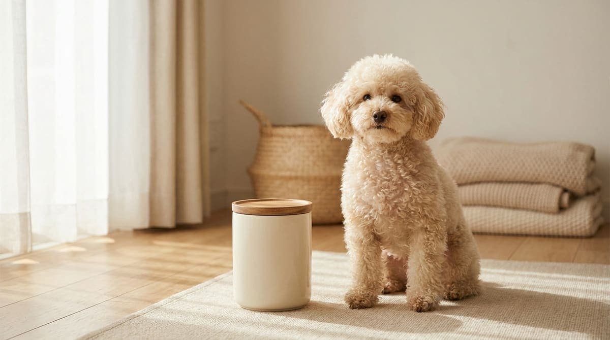 ドッグフードの袋のそばにいる小型犬