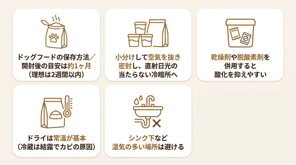 ドッグフードの保存の基本と置き場所の注意点をまとめた図解