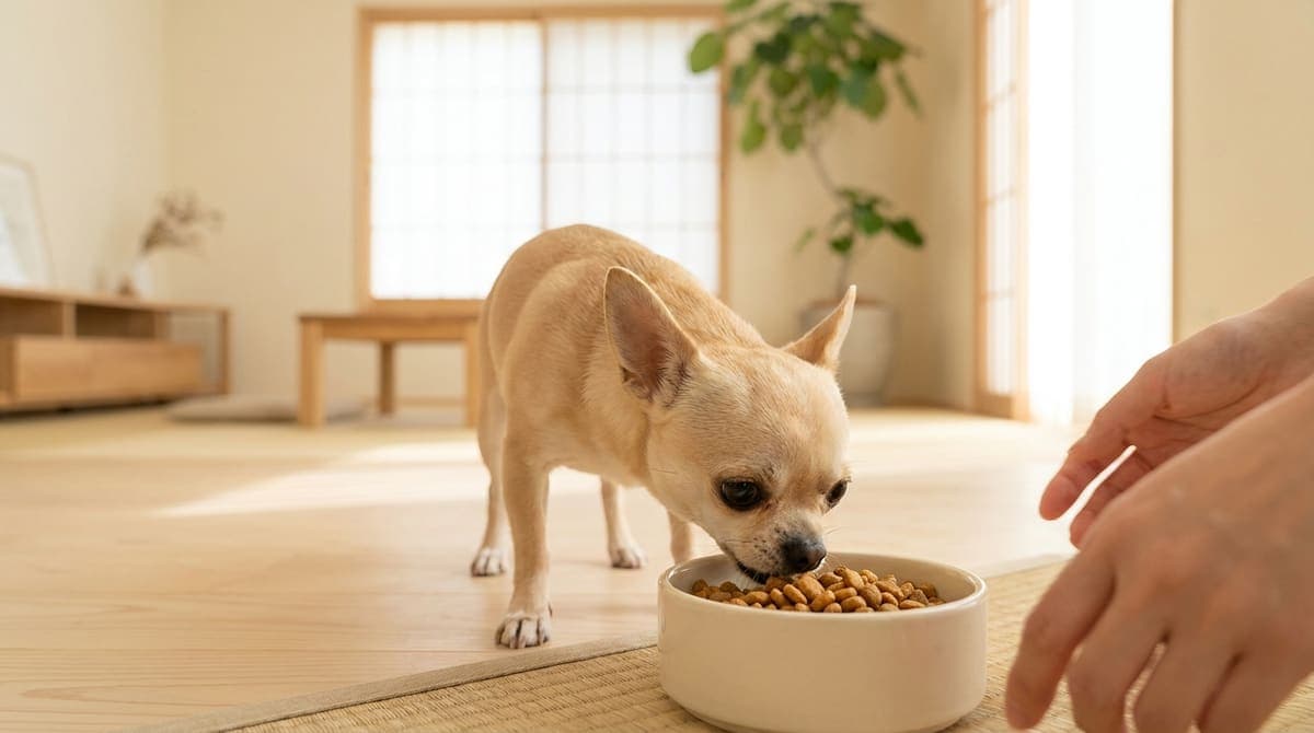 室内でフードボウルからドライフードを食べる小型犬のチワワ