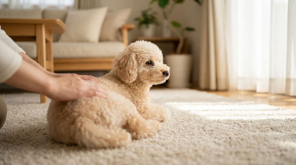室内でくつろぐ小型犬のトイプードル