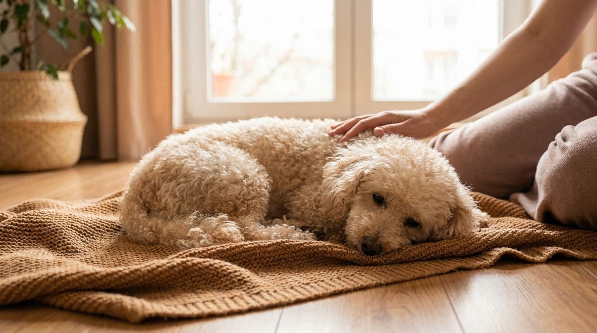 明るいリビングで飼い主のそばに寄り添って穏やかにくつろぐシニアのトイプードル