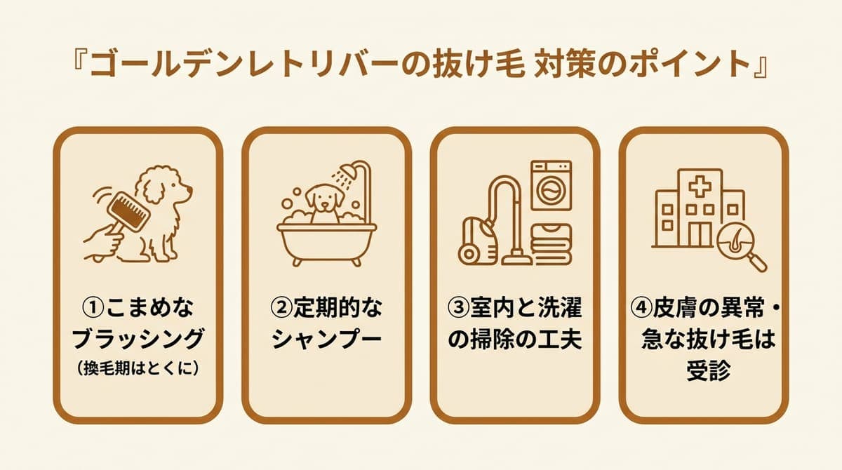 ゴールデンレトリバーの抜け毛対策の観点(こまめなブラッシング・定期的なシャンプー・室内と洗濯の掃除・皮膚の異常は受診)をまとめたカード型の図解
