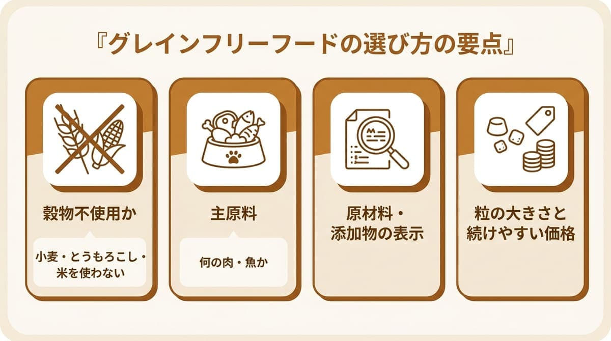 グレインフリードッグフードの選び方の要点(穀物不使用・主原料・原材料表示・粒と価格)をまとめたカード型の図解