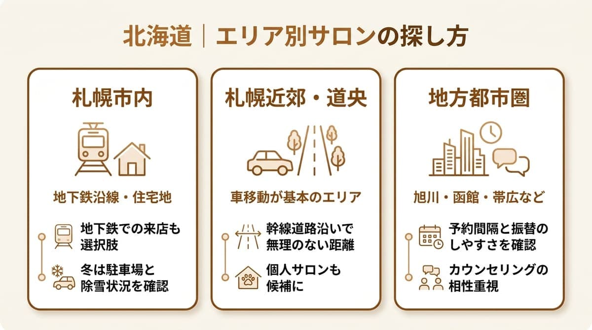 札幌市内・札幌近郊道央・地方都市圏の3エリア別にサロンの探し方のポイントをまとめた図解