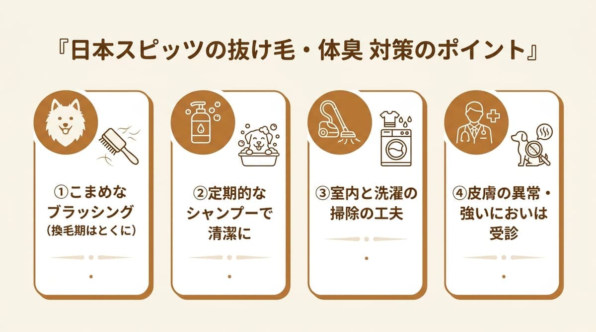 日本スピッツの抜け毛・体臭対策の観点(こまめなブラッシング・定期的なシャンプーで清潔に・室内と洗濯の掃除・皮膚の異常は受診)をまとめたカード型の図解