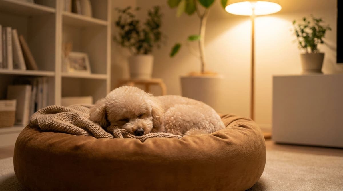 寝床の中で丸くなって眠る子犬