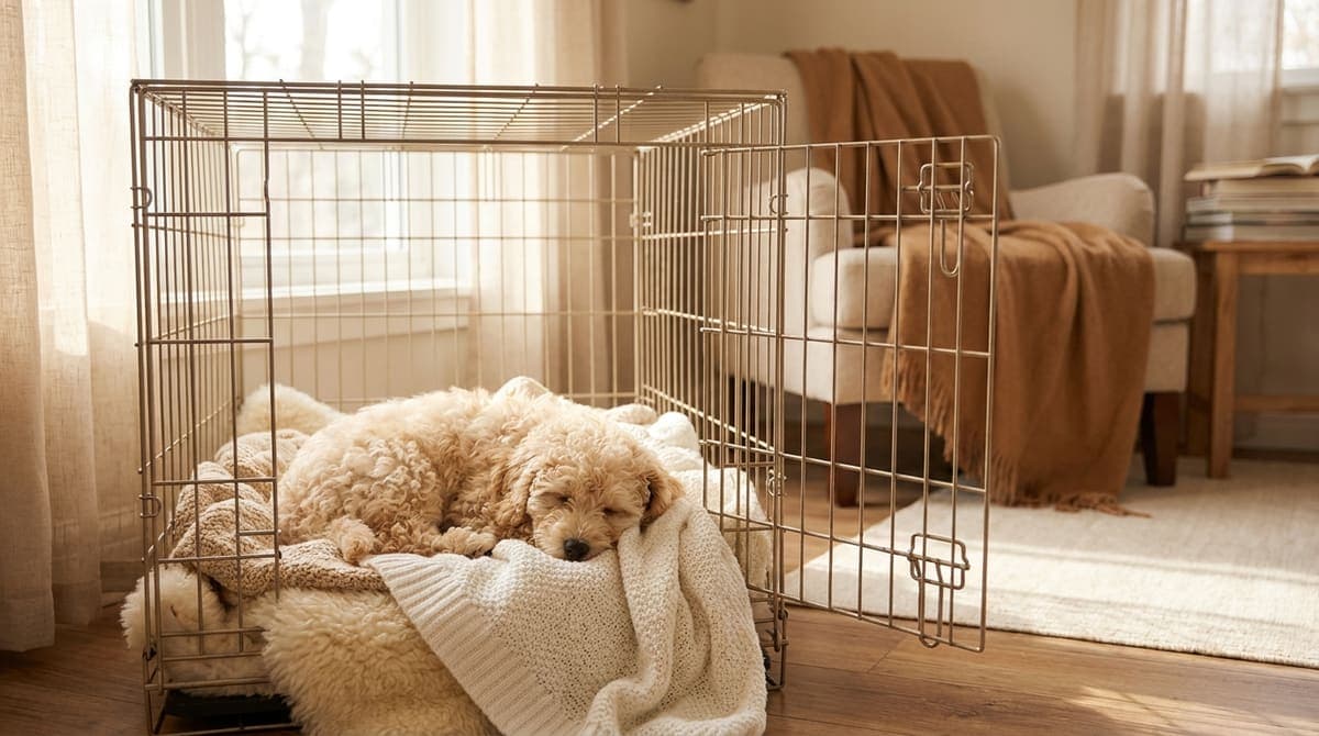クレートの中でくつろぐ子犬