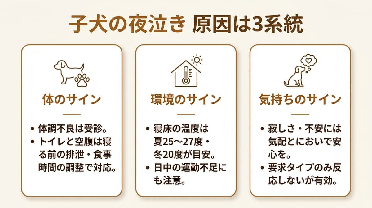 子犬の夜泣きの主な原因を「体のサイン」「環境のサイン」「気持ちのサイン」の3つに整理したカード型の図解