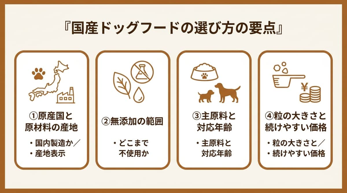 国産ドッグフードの選び方の要点(原産国・原材料の産地・無添加の範囲・製造基準)をまとめたカード型の図解