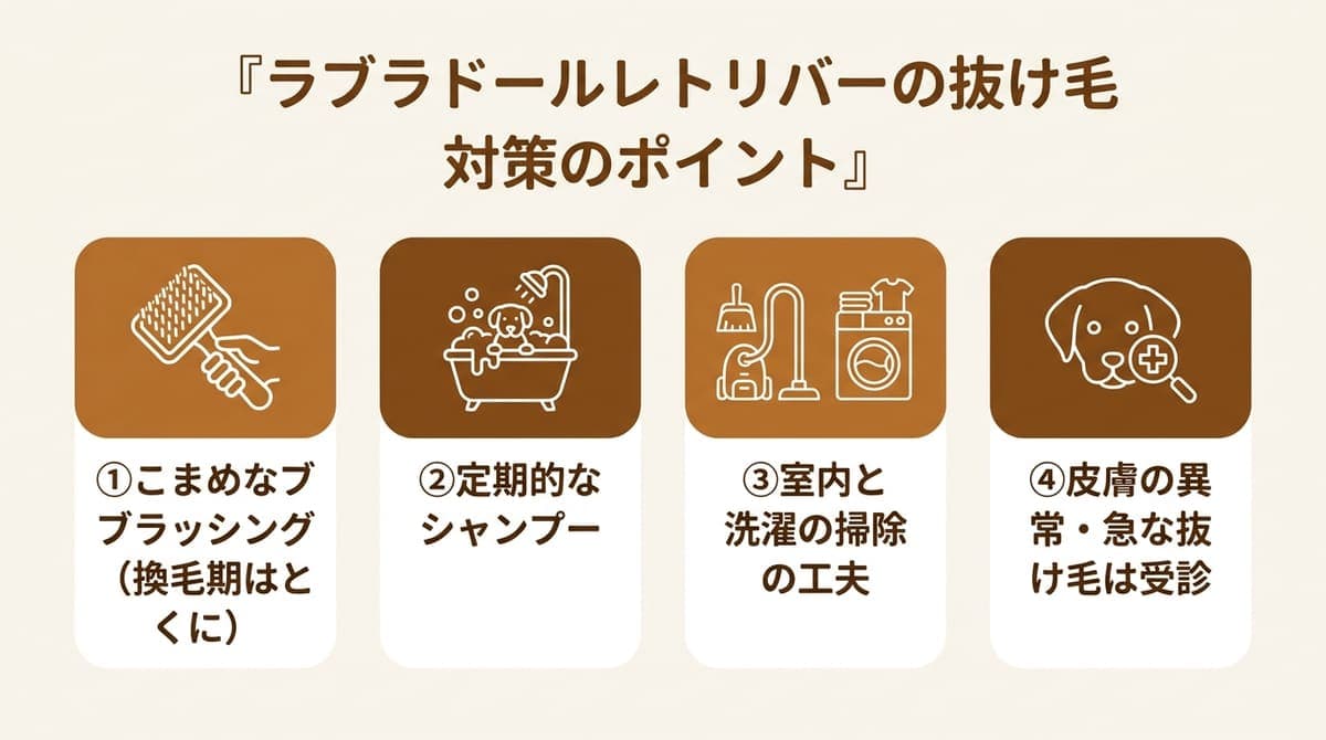 ラブラドールレトリバーの抜け毛対策の観点(こまめなブラッシング・定期的なシャンプー・室内と洗濯の掃除・皮膚の異常は受診)をまとめたカード型の図解