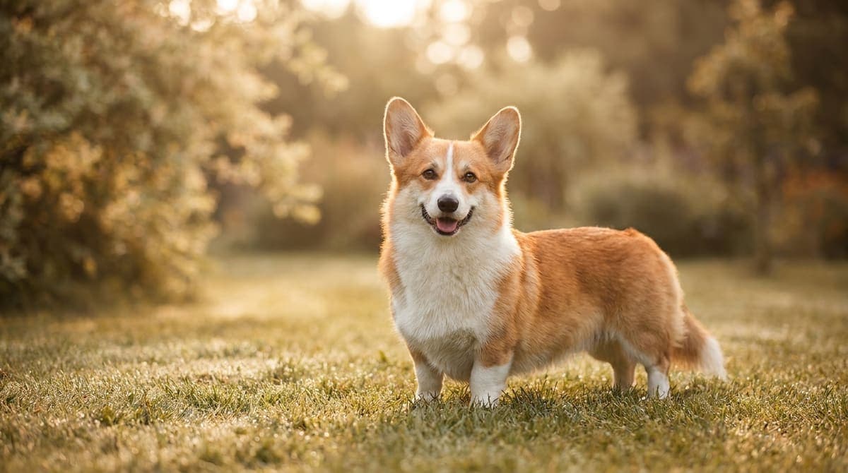 元気に遊ぶ中型犬のコーギー