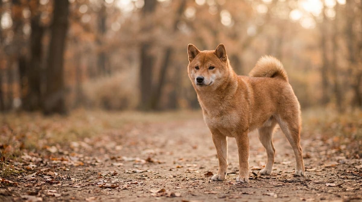 散歩をする柴系の中型犬