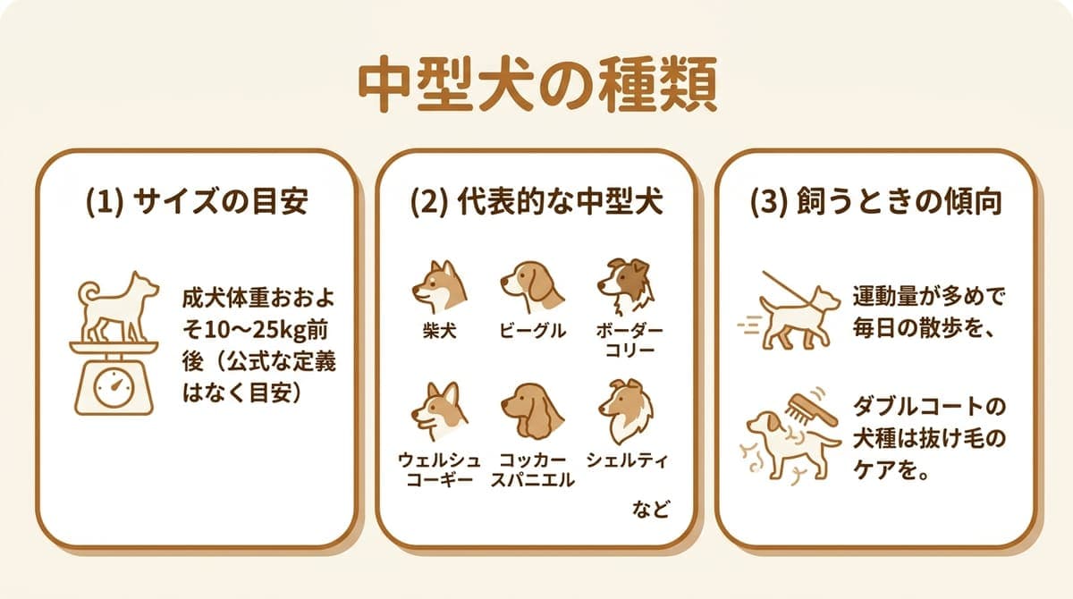 代表的な中型犬と体重目安・特徴をまとめた一覧イラスト