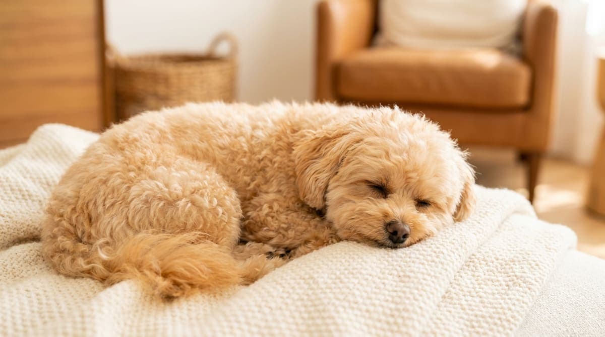室内で穏やかにくつろぐ小型のミックス犬