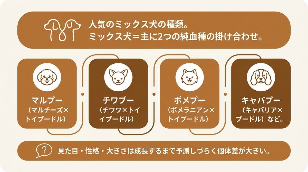 人気のミックス犬の通称と掛け合わせ・特徴をまとめた一覧イラスト