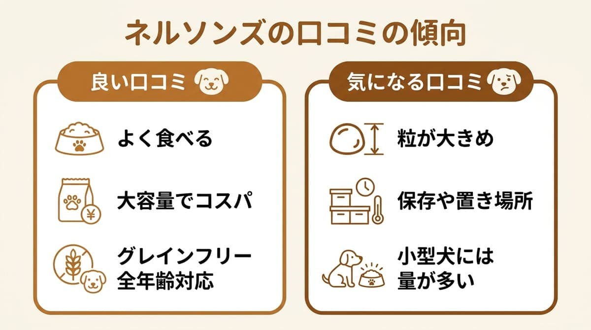 ネルソンズの口コミの傾向(良い声=食いつき・大容量コスパ、気になる声=粒の大きさ・保存・小型犬には量が多い)をまとめたカード型の図解