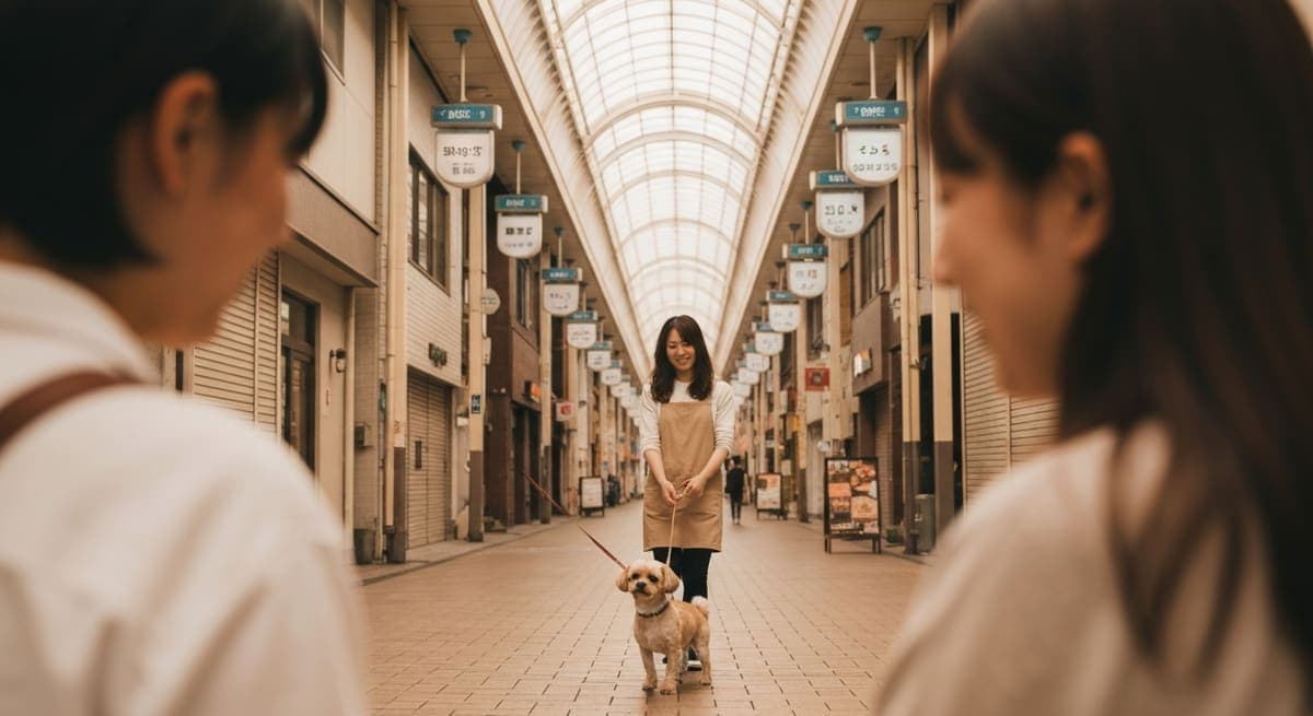 アーケード商店街を飼い主と歩く小型犬