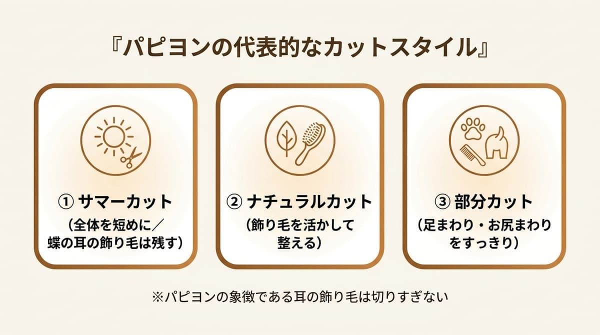 パピヨンの代表的なカットスタイル(サマーカット・ナチュラルカット・部分カット)の特徴をまとめたカード型の図解