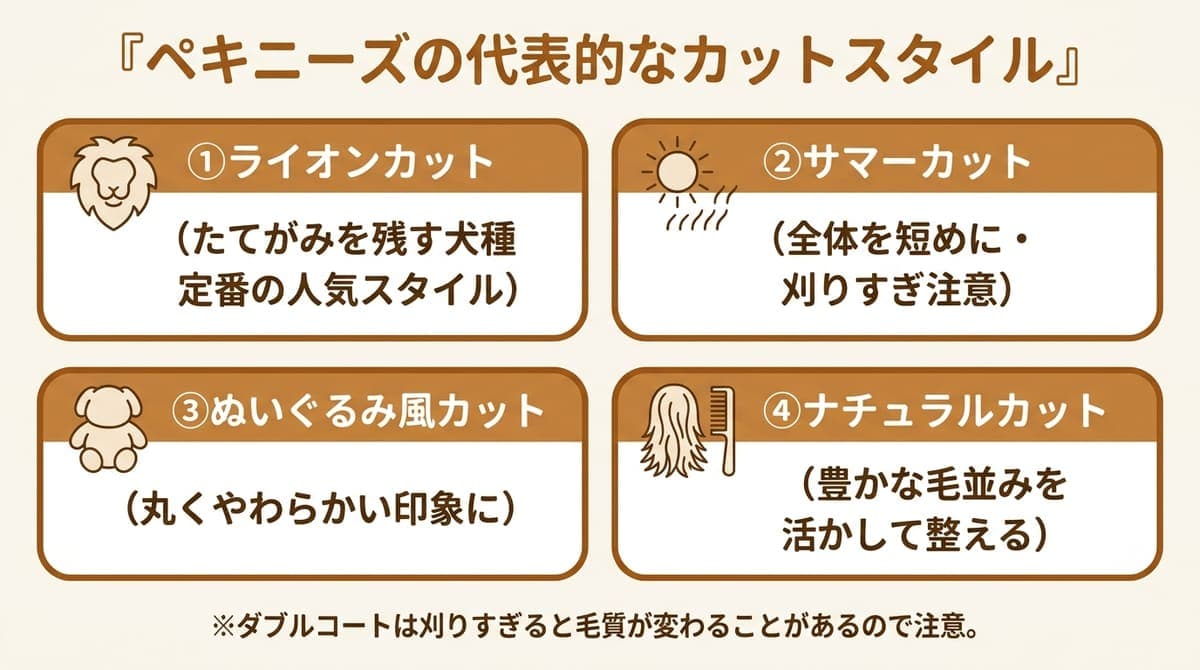 ペキニーズの代表的なカットスタイル(ライオンカット・サマーカット・ぬいぐるみ風カット・ナチュラルカット)の特徴をまとめたカード型の図解