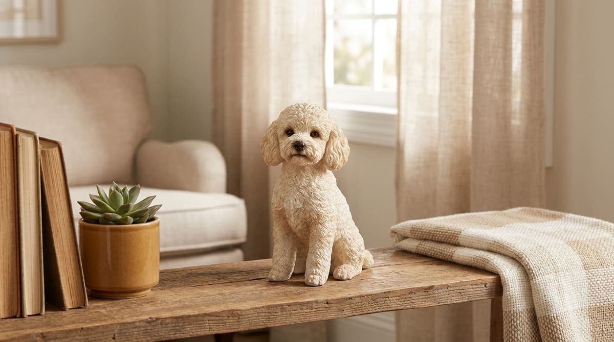 棚の上に飾られた、うちの子そっくりに作られた犬のオーダーメイドフィギュア