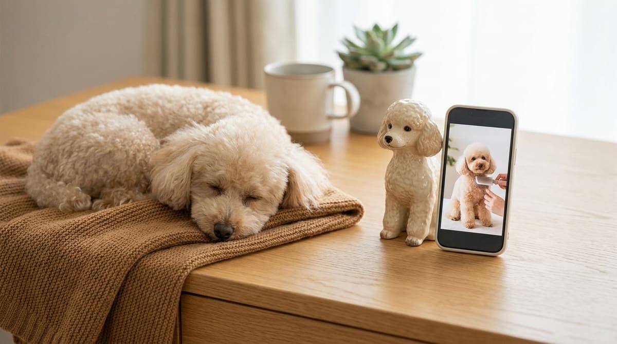 スマホに表示したペットの写真と、そばに置いたオーダーメイドフィギュアを見比べる手元の静物