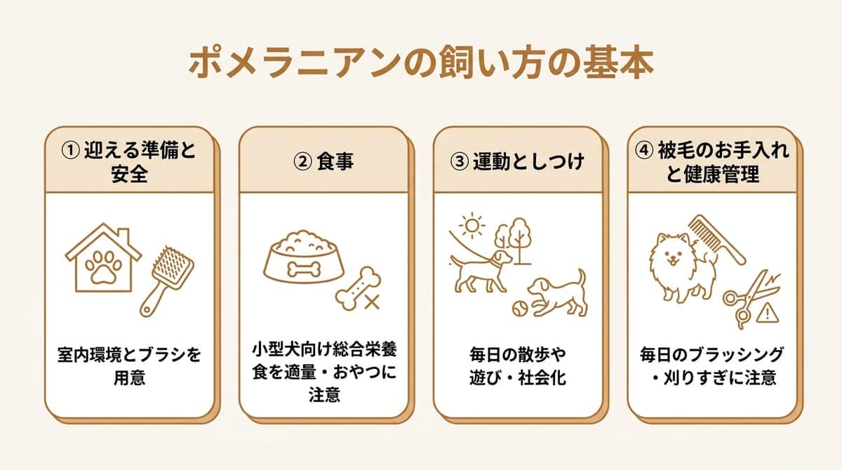 ポメラニアンの飼い方の基本(迎える準備・食事・運動としつけ・被毛のお手入れとサロンの活用)をまとめたカード型の図解