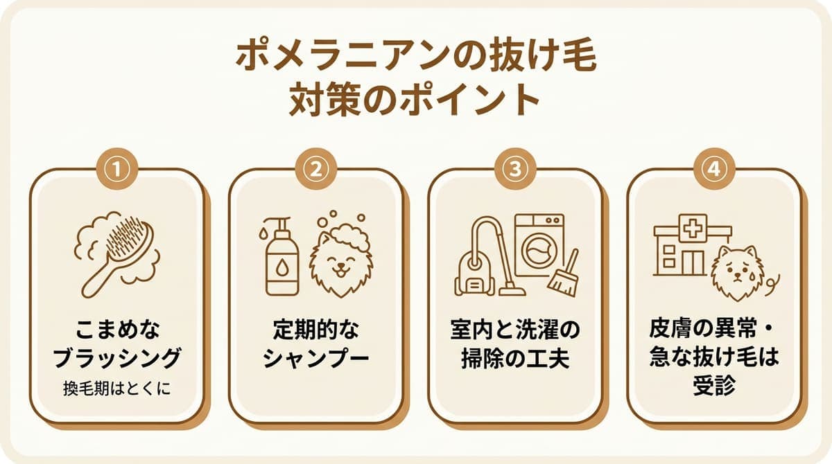 ポメラニアンの抜け毛対策の観点(こまめなブラッシング・定期的なシャンプー・室内と洗濯の掃除・皮膚の異常は受診)をまとめたカード型の図解