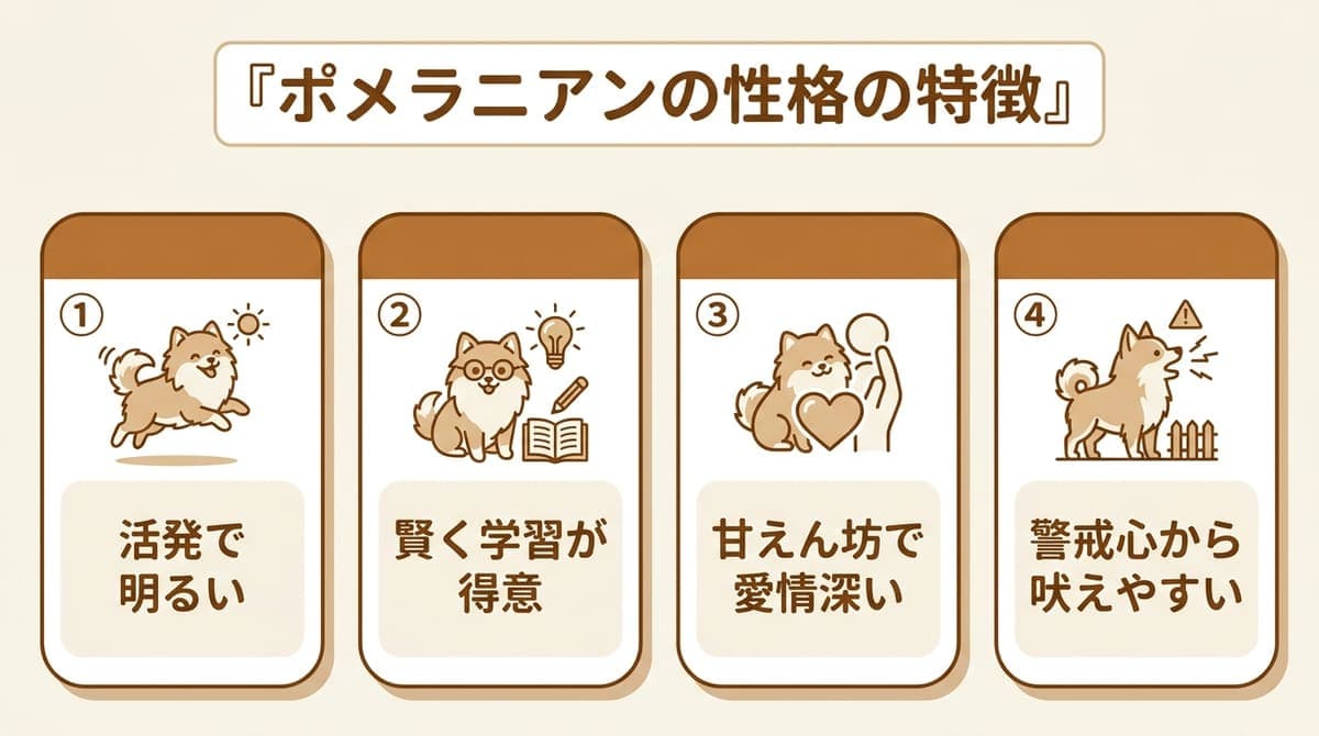 ポメラニアンの性格の特徴(活発で明るい・賢い・甘えん坊・警戒心から吠えやすい)をまとめたカード型の図解