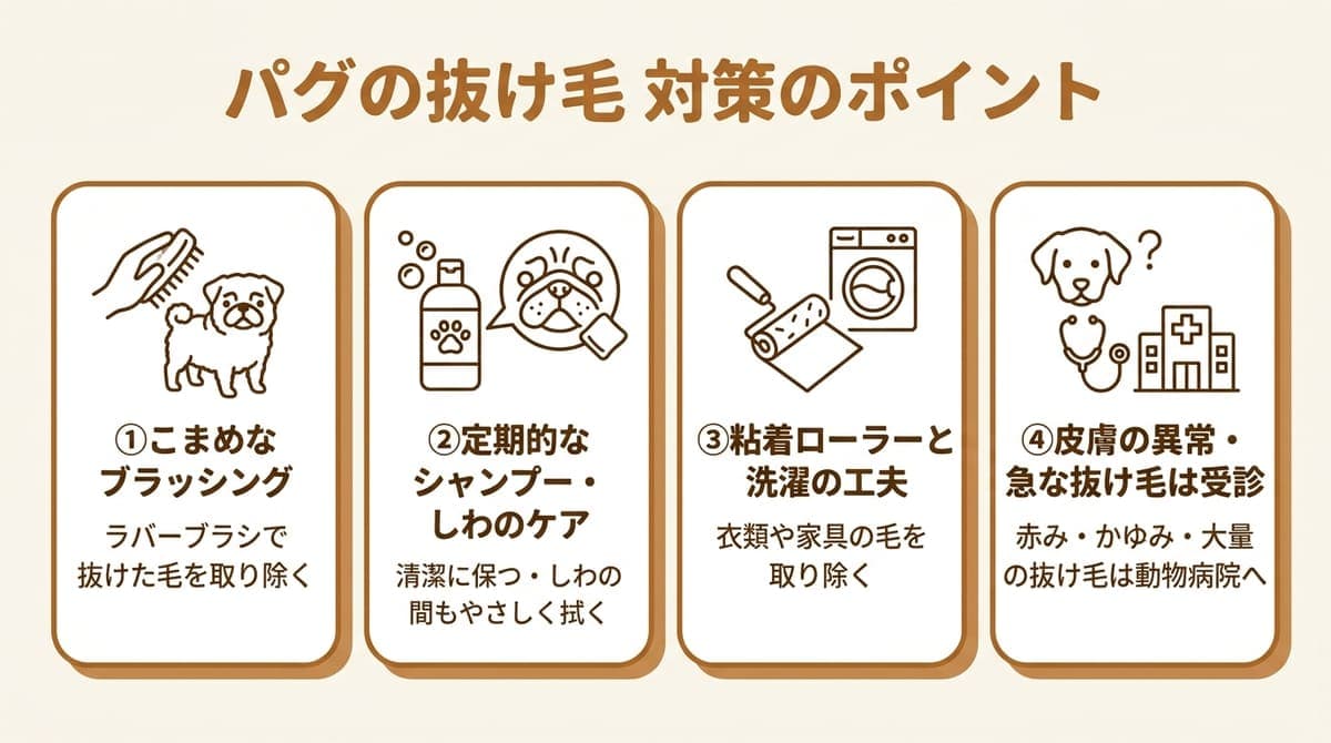 パグの抜け毛対策の観点(こまめなブラッシング・定期的なシャンプー・室内と洗濯の掃除・皮膚の異常は受診)をまとめたカード型の図解