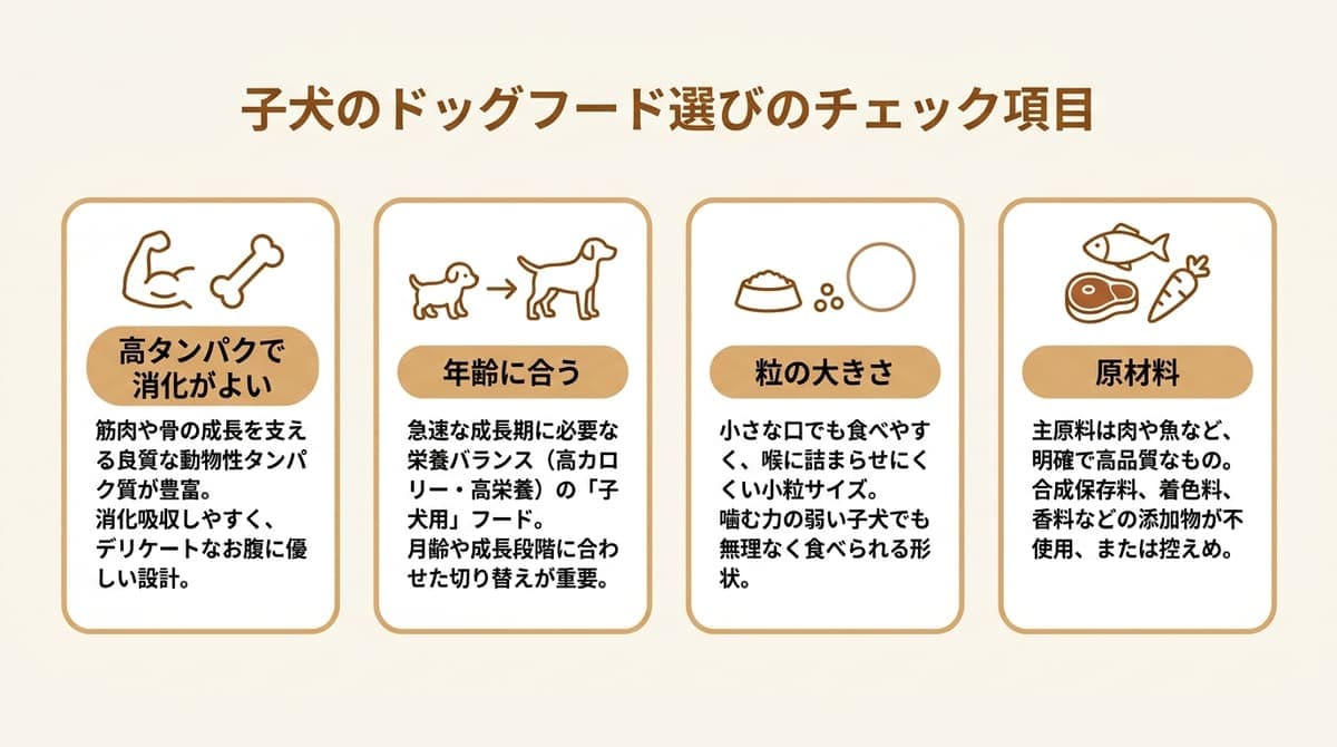 子犬のドッグフード選びのチェック項目(高タンパクで消化がよい・年齢に合う・粒の大きさ・原材料)をまとめたカード型の図解