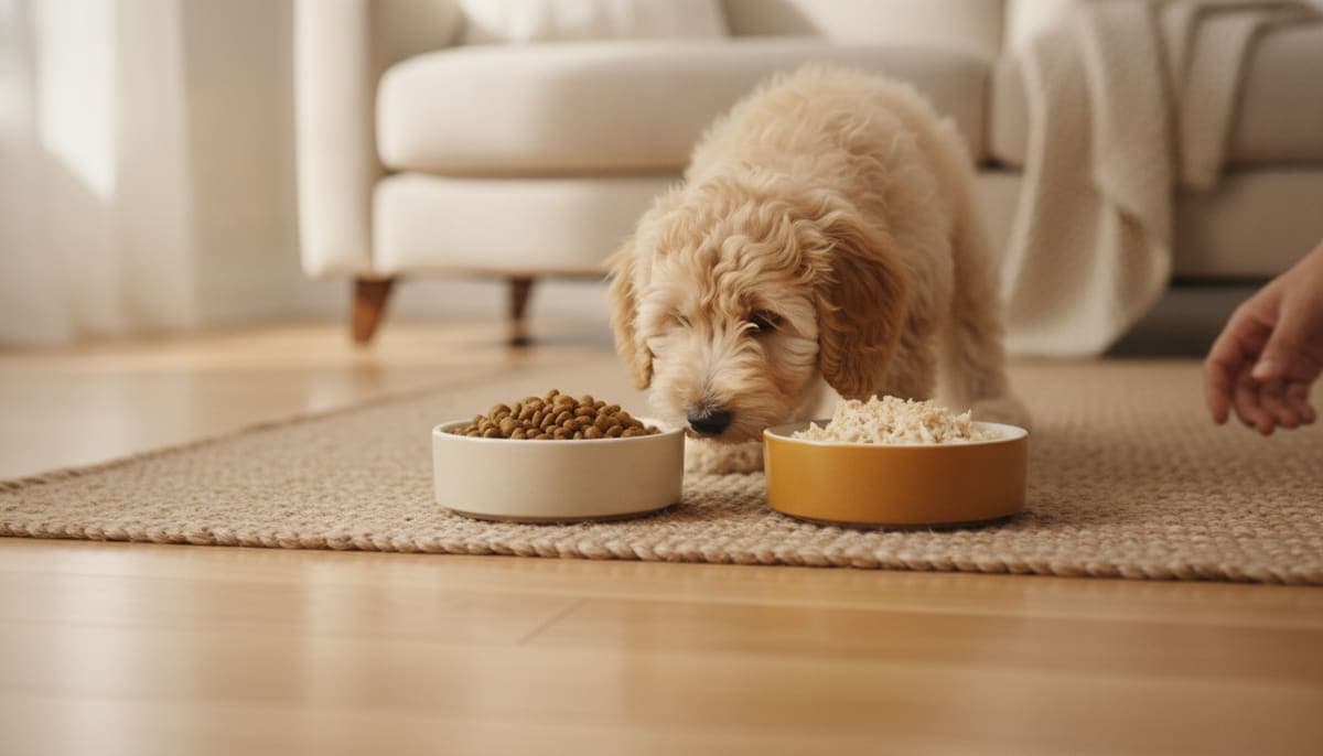 2つのフードボウルのにおいをかぎ比べる子犬